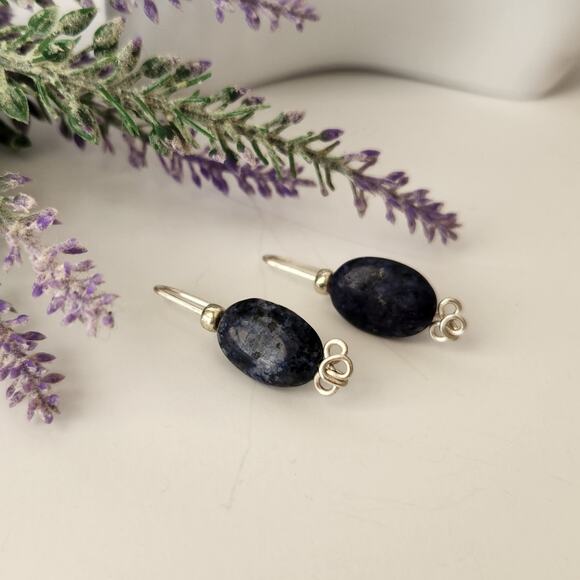 Blue Sodalite Stone Wire-Wrapped Dangle Earrings / Minimalist Gemstone Earrings - Picture 6 of 15